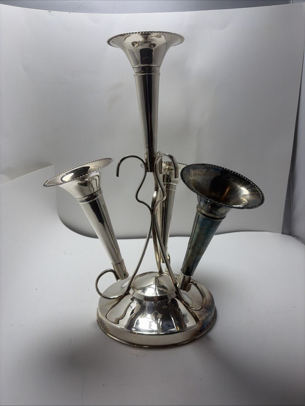 Vintage EPNS Silver Plate Epergne Vase Centerpiece - 4 Flute Trumpet 14.5” Tall
